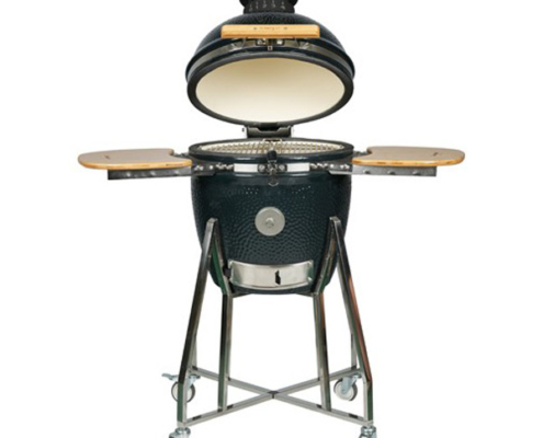Blakc 18" Garden‑Ready Hammered Black Kamado Grill With Wooden Side Panels & Mobile stainless steel Stand factories Blakc 18" Garden‑Ready Hammered Black Kamado Grill With Wooden Side Panels & Mobile stainless steel Stand factory