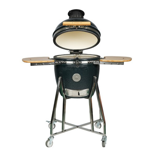Blakc 18" Garden‑Ready Hammered Black Kamado Grill With Wooden Side Panels & Mobile stainless steel Stand factory