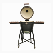 18" Garden‑Ready Hammered Black Kamado Grill With Wooden Side Panels & Mobile Stand cart supplier 18" Garden‑Ready Hammered Black Kamado Grill With Wooden Side Panels & Mobile Stand cart supplier