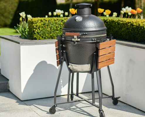 18 Inch Outdoor Garden Style Hammered Black Ceramic Kamado Grill With Solid Wood Side Panels & Wheeled Metal Cart Stand black 18 Inch Outdoor Garden Style Hammered Black Ceramic Kamado Grill With Solid Wood Side Panels & Wheeled Metal Cart Stand