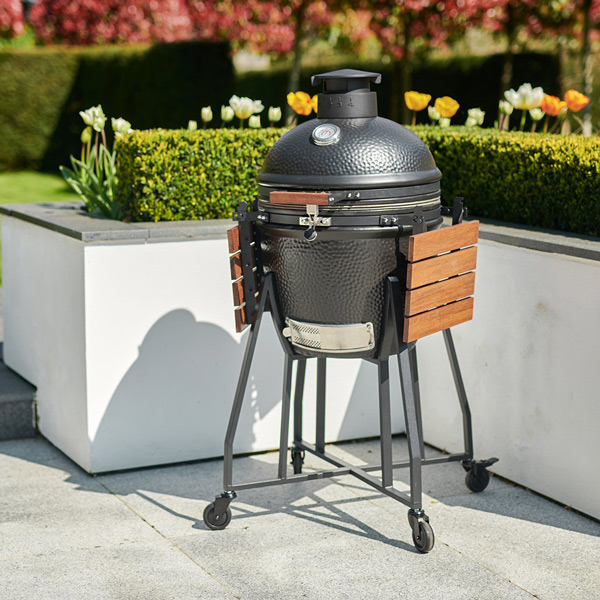 18 Inch Outdoor Garden Style Hammered Black Ceramic Kamado Grill With Solid Wood Side Panels & Wheeled Metal Cart Stand black 18 Inch Outdoor Garden Style Hammered Black Ceramic Kamado Grill With Solid Wood Side Panels & Wheeled Metal Cart Stand