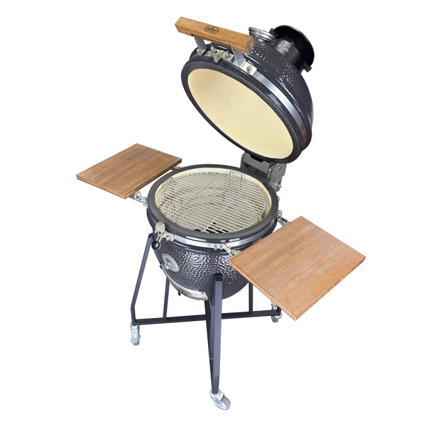 High‑End Dark Grey Moonscape Hammered Texture Ceramic Kamado Grill With Strand‑Woven Bamboo Side Shelves & Segmented Fire Liner lid opened-1 High‑End Dark Grey Moonscape Hammered Texture Ceramic Kamado Grill With Strand‑Woven Bamboo Side Shelves & Segmented Fire Liner lid opened-1