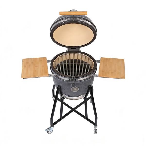 High‑End Dark Grey Moonscape Hammered Texture Ceramic Kamado Grill With Strand‑Woven Bamboo Side Shelves & Segmented Fire Liner opened High‑End Dark Grey Moonscape Hammered Texture Ceramic Kamado Grill With Strand‑Woven Bamboo Side Shelves & Segmented Fire Liner opened