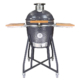 Hochwertiger, dunkelgrauer Keramikgrill Kamado in Mondlandschaft-Hammerschlag-Optik mit Bambus-Seitenablagen & segmentierter Feuerbox sowie oberem Lüftungsventil aus Edelstahl