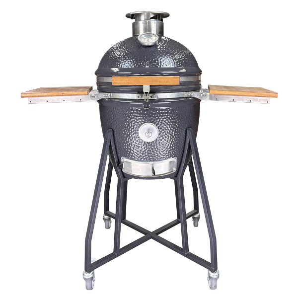 High‑End Dark Grey Moonscape Hammered Texture Ceramic Kamado Grill With Strand‑Woven Bamboo Side Shelves & Segmented Fire Liner stainless steel top vent