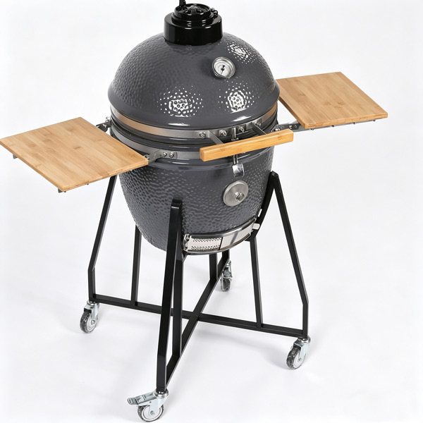 High‑End Dark Grey Moonscape Hammered Texture Ceramic Kamado Grill With Strand‑Woven Bamboo Side Shelves & Segmented Fire Liner-3 High‑End Dark Grey Moonscape Hammered Texture Ceramic Kamado Grill With Strand‑Woven Bamboo Side Shelves & Segmented Fire Liner-3