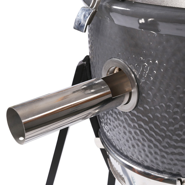 kamado bbq chip feeder smoking box door supplier High‑End Dark Grey Moonscape Hammered Texture Ceramic Kamado Grill With Strand‑Woven Bamboo Side Shelves & Segmented Fire Liner-2