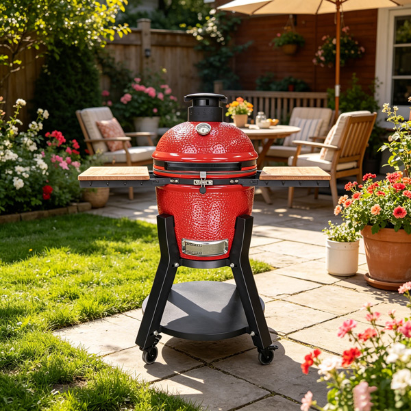 18 Inch High‑end red diamond Texture Kamado Grill With Bamboo Side Shelves and bold cart suppliers