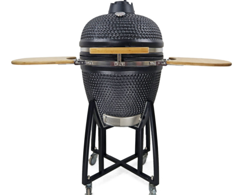 Honeycomb Texture Black Ceramic Kamado Grill With Bamboo Side Shelves Honeycomb Texture Black Ceramic Kamado Grill With Bamboo Side Shelves