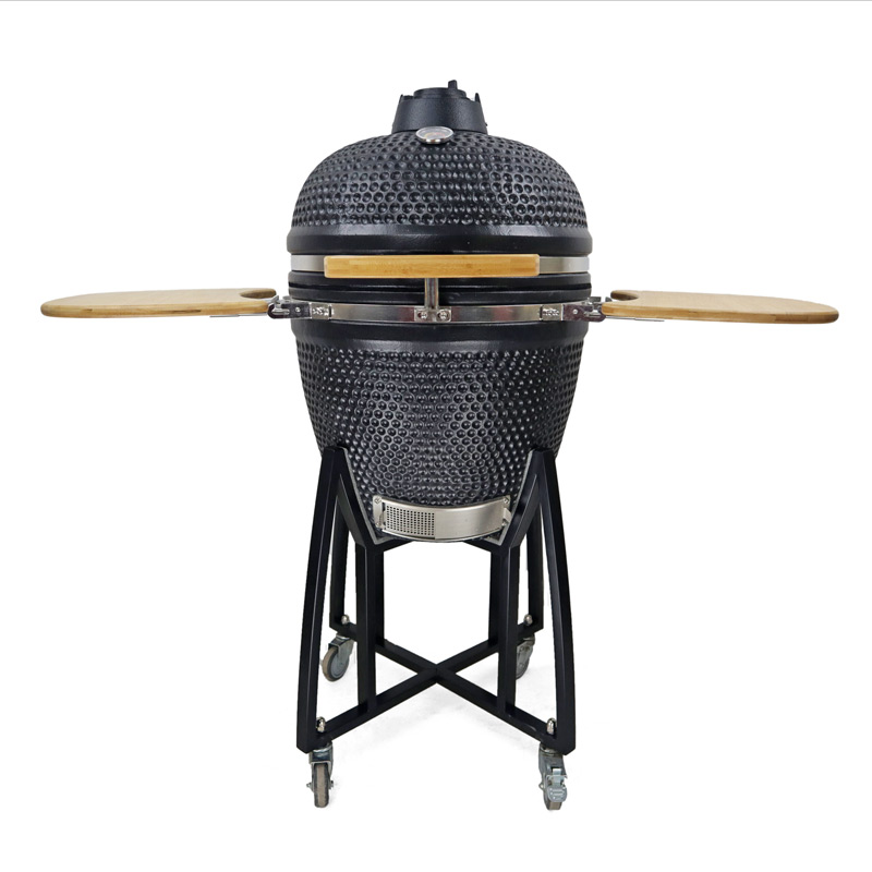 Honeycomb Texture Black Ceramic Kamado Grill With Bamboo Side Shelves Honeycomb Texture Black Ceramic Kamado Grill With Bamboo Side Shelves