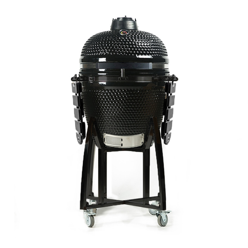All Black Kamado Grill honeycomb Ceramic BBQ Smoker With Bamboo Side Tables