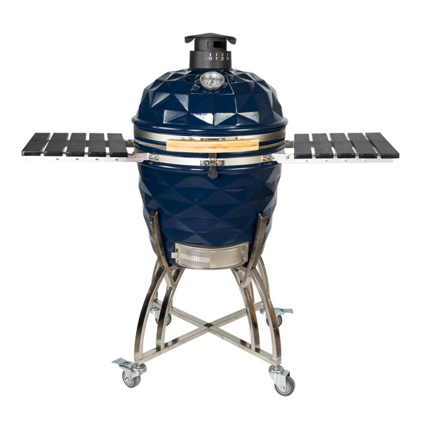 ceramic blue kamado grill with stainless steel cart