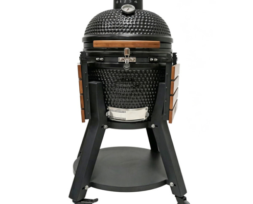 18 Inch Black Honeycomb Texture Ceramic Kamado Grill With Wooden Side Panels & Wheeled Metal Stand